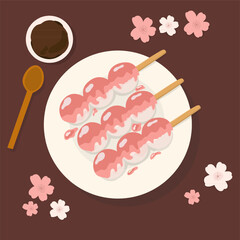 Traditional Japanese dessert Dango with strawberry flavor. Hanami Dango dessert on a plate. Design element for banner, poster, restaurant menu. Vector illustration