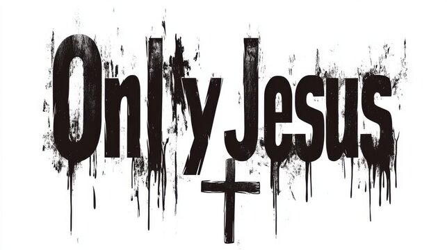 Only jesus text with cross graphic and ink drip effect on white background