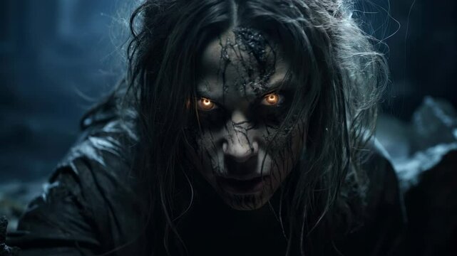 Scary woman face, creepy person with glowing eyes at Halloween night. Concept of dead, horror movie.