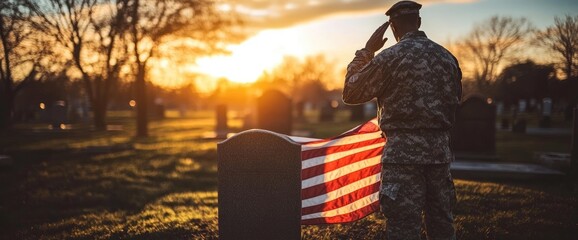 Soldier salutes sunset grave, flag draped; remembrance