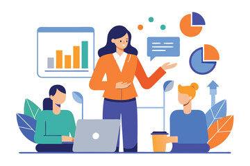 Obraz premium Diverse team with data charts, business analysis, flat design,