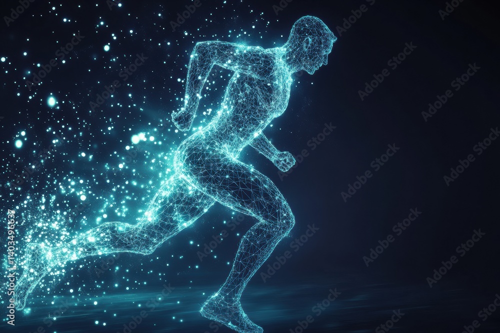 Poster runner in motion captured as a glowing digital silhouette displaying muscle structure, showcasing sp