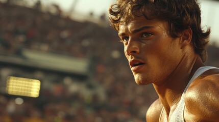 Athlete rests, stadium background, competition, sports