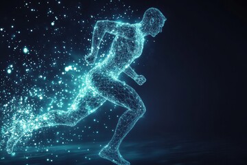 Fototapeta premium Runner in motion captured as a glowing digital silhouette displaying muscle structure, showcasing speed and energy at night time