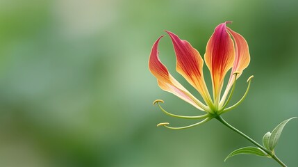 Fototapeta premium Vibrant Gloriosa Lily Bloom with Bright Red and Yellow Petals against a Soft Green Background