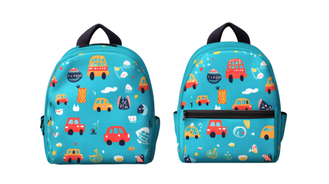  Cute school backpack with a colorful cartoon vehicle pattern in a blue color with a transparent background PNG