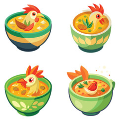 Four Cartoon Chicken Soup Bowls, Perfect for Food Illustration