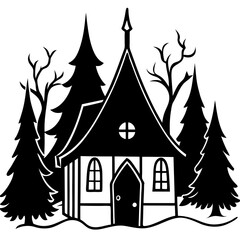 A vector silhouette illustration of a witch's cottage deep in a forest