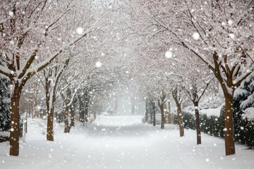 A serene snowy landscape features a lane of snow covered trees