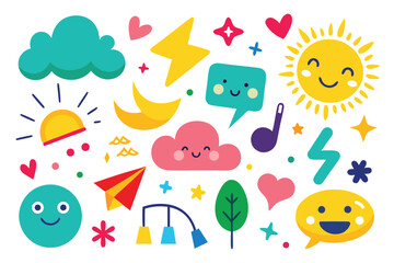 Fototapeta premium Flat Icon Set with Smiling Sun Cloud Paper Plane Star and other Cute Elements