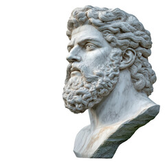 Artistic and detailed bust of a man showcasing fine features and intricate sculptural work in classical style isolated on a white background.