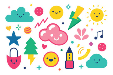 Fun Colorful Icon Set with Smiling Clouds, Sun, Star and Geometric Shapes