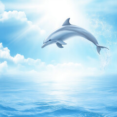 A dolphin gracefully leaps out of the sparkling blue ocean under a bright sky with fluffy clouds. The sunlight creates a shimmering effect on the water surface, enhancing the serene atmosphere.