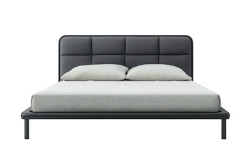 Modern gray upholstered bed frame with sleek black legs plush pillows and soft textured mattress
