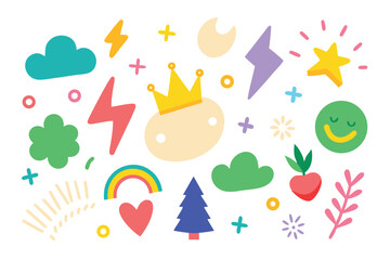 Playful Cartoon Doodle Set with Crown, Rainbow, Star, and Various Shape Elements