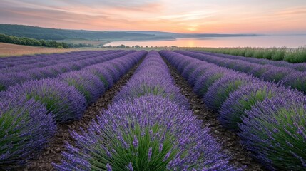 Obraz premium Lavender field at sunrise over lake