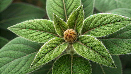 Close-Up of Fuzzy Green Leaves and a Small Bud
