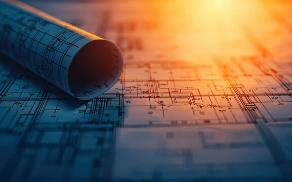 A detailed blueprint glowing softly, symbolizing precise business execution and long-term planning, with soft shadows falling across the design