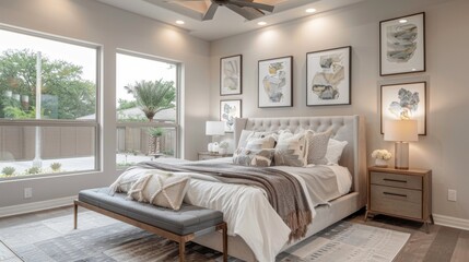 Contemporary bedroom with built-in lighting, neutral palette, and framed artwork