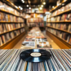 Wall murals A close-up of a vinyl record on a table in a record store, with shelves filled with albums in the background. The setting is warm and inviting, showcasing a variety of music genres.