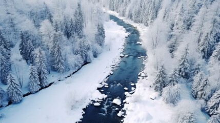 Aerial View of a Frozen River Winding Through a Snow-Covered Forest in Winter