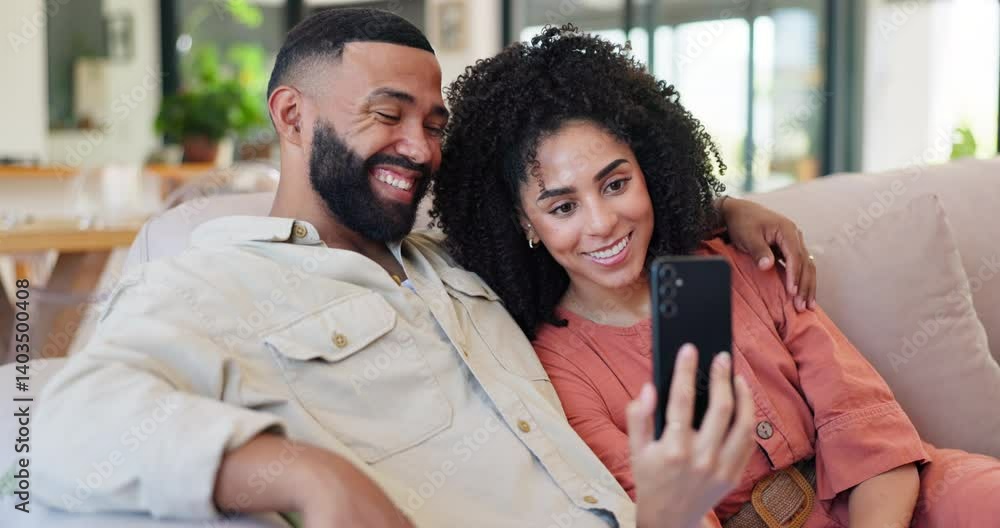 Poster Happy couple, video call and wave on sofa with phone in home for hello with smile with contact on web. Man, woman and lounge couch for webinar, live streaming and app for social network in Colombia