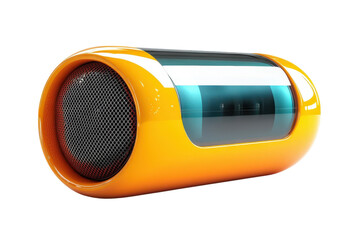 Futuristic orange capsule speaker sleek design vibrant teal accents 3D render high gloss finish