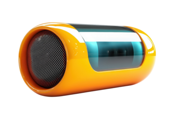 Futuristic orange capsule speaker sleek design vibrant teal accents 3D render high gloss finish
