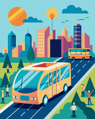 In a sprawling metropolis a solarpowered autonomous bus transports commuters to their destinations reducing traffic and emissions on the busy streets.. Vector illustration