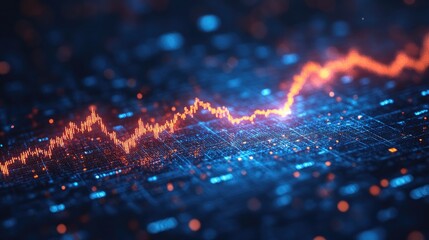 Abstract data visualization of a rising stock market trend.  Dynamic glowing orange line signifies strong growth on a digital grid backdrop