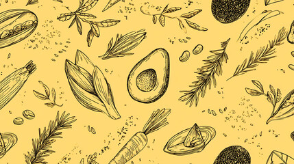 Hand-drawn illustration of various vegetables and herbs on a yellow background, showcasing a healthy eating concept, ideal for food blogs or recipes