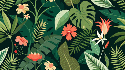 A wall covered in lush wallpaper featuring tropical leaves and flowers.