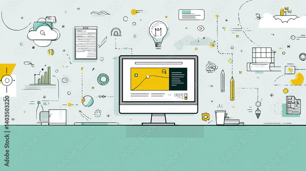 Poster illustration of computer screen displaying data graph, surrounded by line art icons representing ide