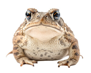 Naklejka premium Front view of single gray toad sitting and looking at camera isolated and generated with AI in png file format