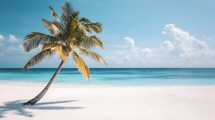 Idyllic tropical beach escape featuring a graceful palm tree and azure ocean