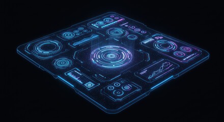 Abstract futuristic interface panel with glowing blue elements on a dark background.