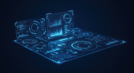 Blue futuristic interface with graphs and circular elements on a dark background.