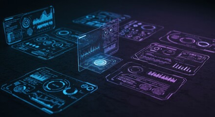 Holographic displays show data and information on a dark surface.