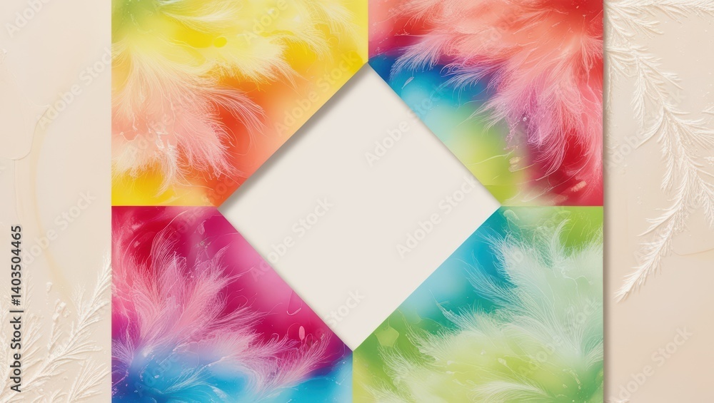 Poster colorful feathers abstract art background with empty space for text or product display mockup design