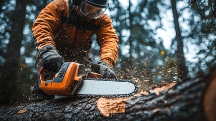 A man is cutting a tree with a chainsaw