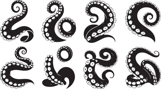 Octopus tentacle vector set cartoon sea monster limbs with suckers, curled shapes, marine creature design for tattoos and graphics