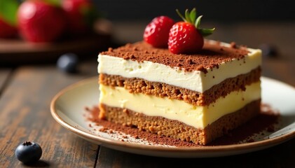 Rich, decadent tiramisu, showcasing texture and layers , photography, dark