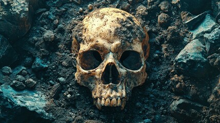 A macabre still life: A skull unearthed, resting in dark soil, revealing the mysteries of mortality.  A haunting image capturing the essence of death.