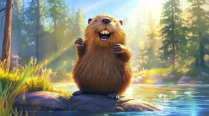  Happy cartoon beaver smiling on rock by forest river