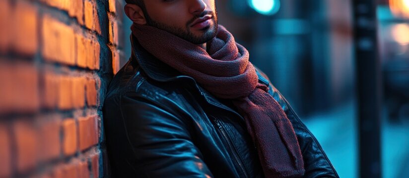 Urban Night Reflection - Man Leaning on Brick Wall