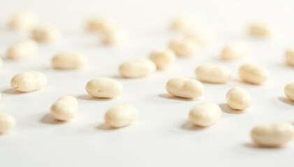 Scattered white beans on pristine white background, photography, pinto