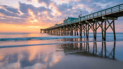 Obraz premium Serene beachfront pier at dawn, reflecting ethereal skies on tranquil waters