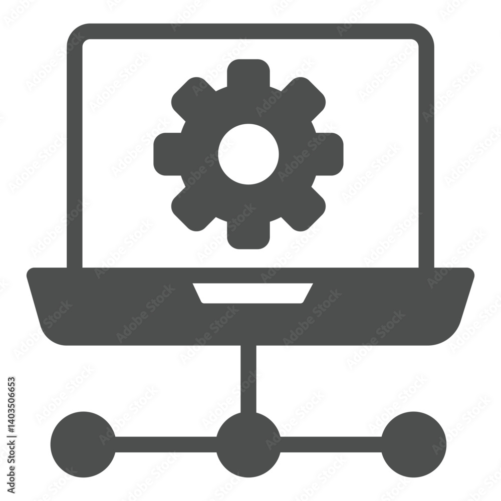 Fototapete laptop with cogwheel and wire solid icon, network concept. vector graphics. local area wired connect