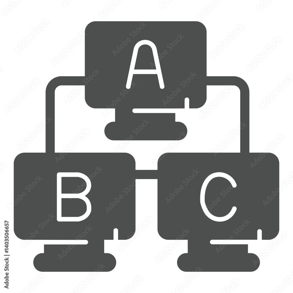 Poster three desktop monitors with letters solid icon, network concept. vector graphics. local area wired c