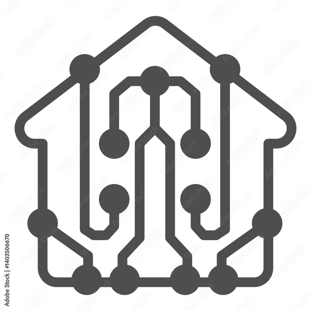 Poster house with connected wires solid icon, neural network concept. vector graphics. building wiring grid